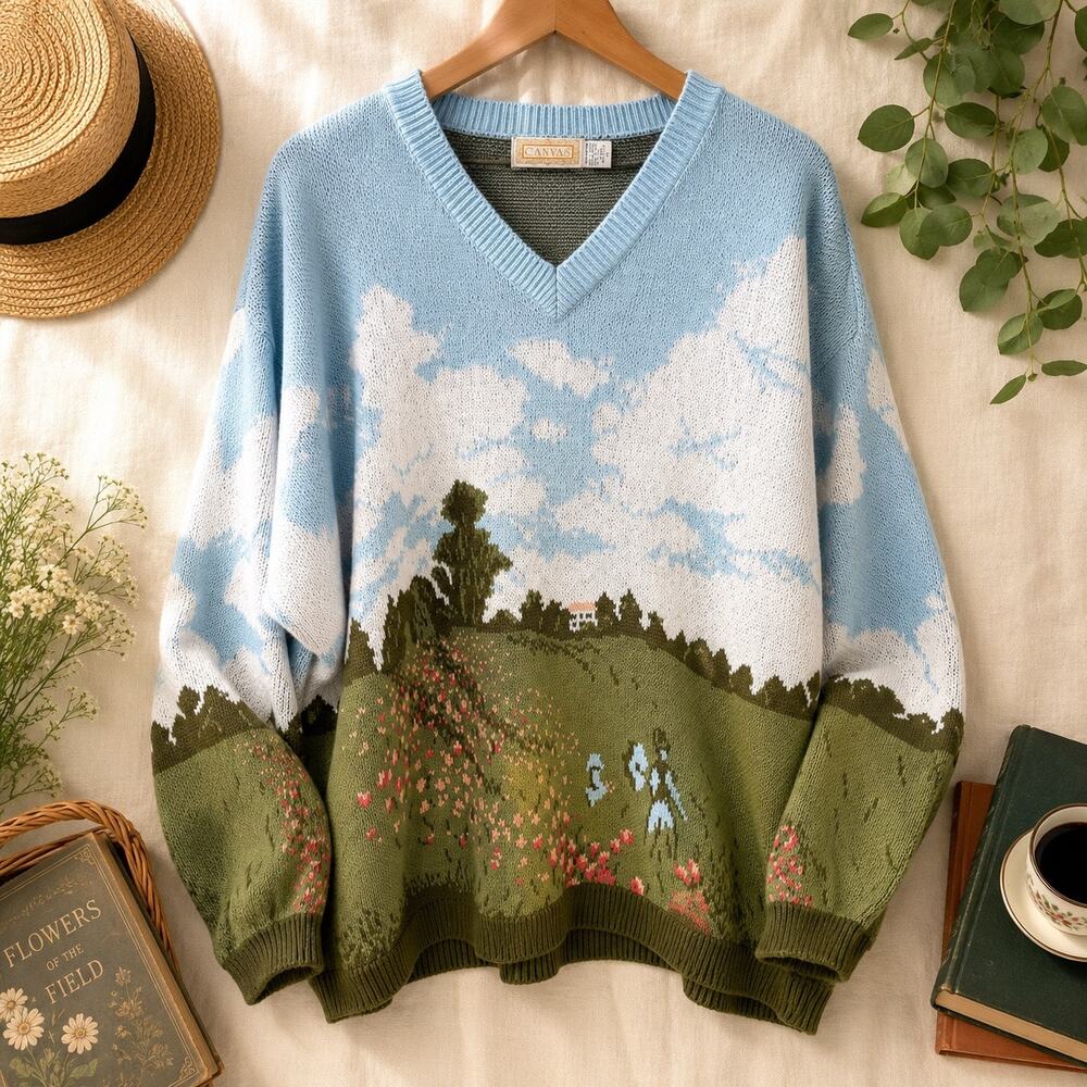 Vintage CANVAS 100% Cotton Scenic Landscape Sweater Size 3X Art to Wear 90s EUC